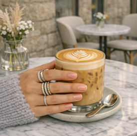woman wearing rings by revert drinking iced latte