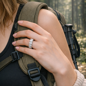 woman wearing revert ring in jungle backpack