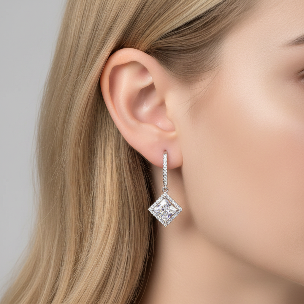 juno silver princess cut halo drop earrings by revert holiday jewellery jewelry present birthday gift everyday casual wear