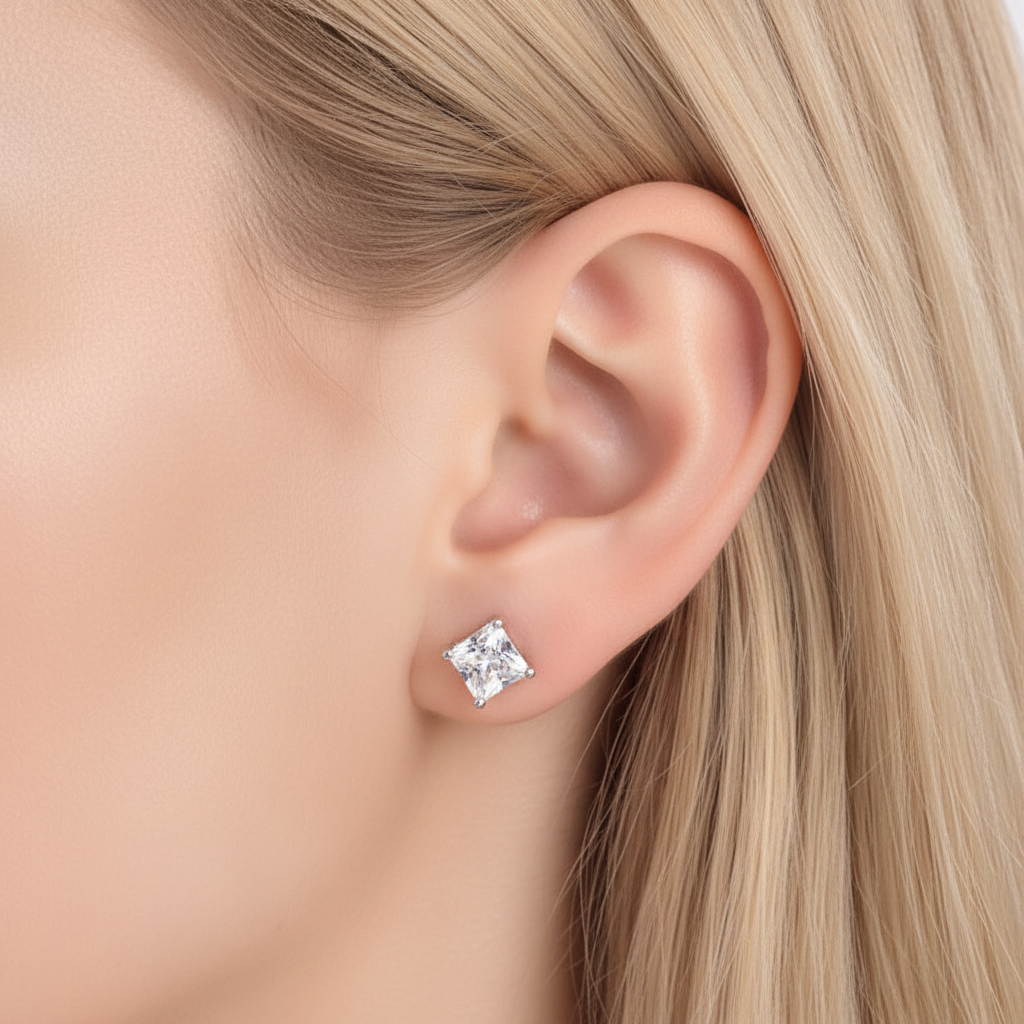 nox silver princess cut stud earrings by revert holiday jewellery jewelry present birthday gift everyday casual wear