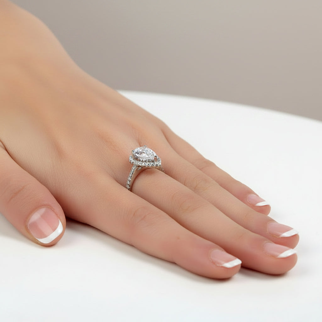 aiva silver pear cut halo ring by revert holiday jewellery jewelry present birthday gift everyday casual wear