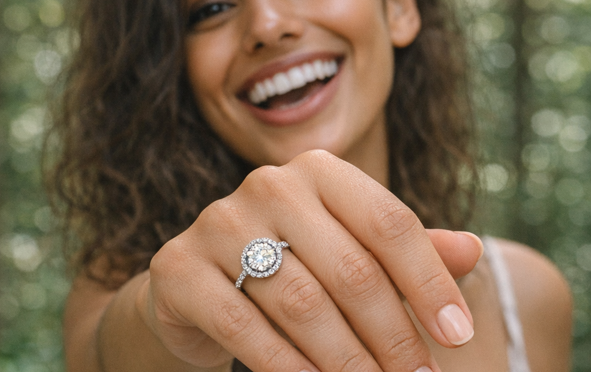 happy woman wearing revert ring in jungle