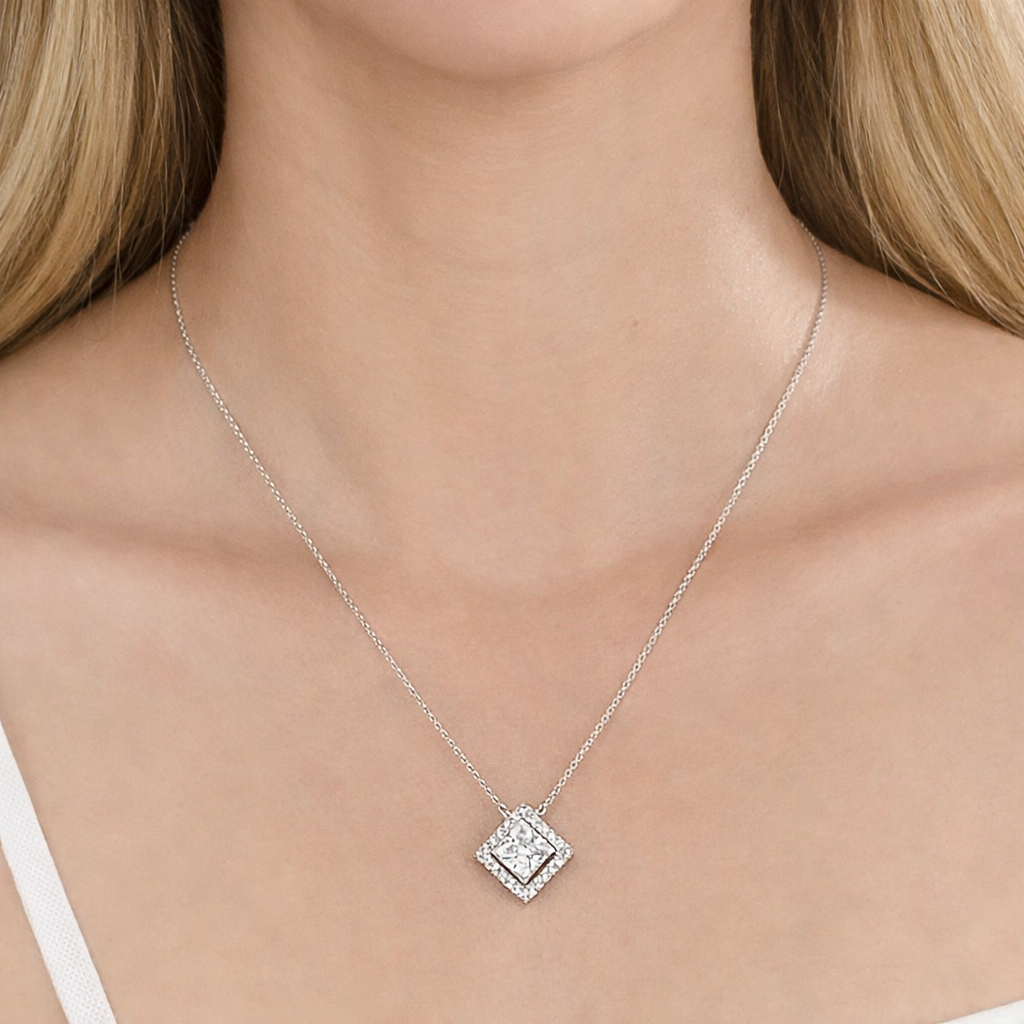woman wearing 1.5ct elara silver princess cut pendant necklace by revert